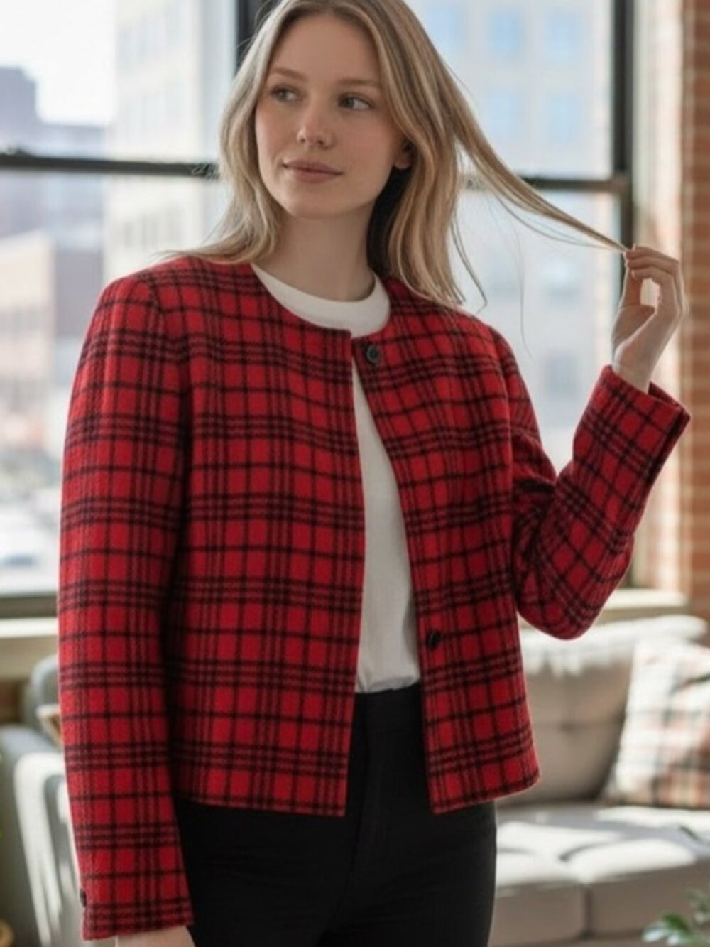 Anne Klein Classic Jacket Red and Black plaid Lined Women’s Size 12